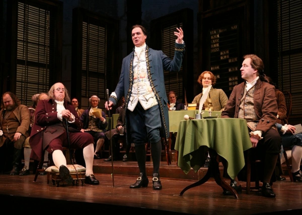 Conrad John Schuck (Benjamin Franklin), Robert Cuccioli (John Dickinson), Jamie LaVerdiere (James Wilson), Don Stephenson (John Adams) and the Cast at 